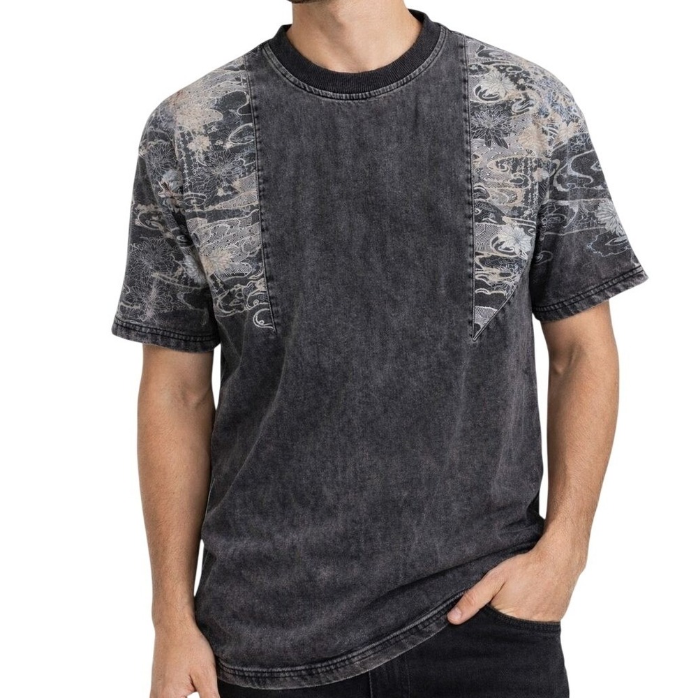 Zara‎ Mens Medium Black Acid Wash Graphic T-Shirt Japan Wave Dragon Patchwork M